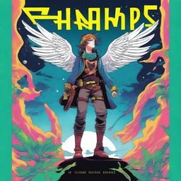 Create a minimalist comic book cover for a solarpunk style anime story titled "Riff Runners" in a bold font