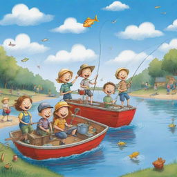 A lively, easy-to-draw cartoon image for a children's book displaying a cheery community, children and adults alike, having a blast on a 'Fishing Fun Day' under a clear, happy sky.