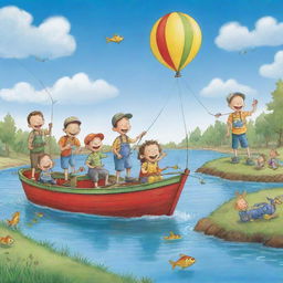 A lively, easy-to-draw cartoon image for a children's book displaying a cheery community, children and adults alike, having a blast on a 'Fishing Fun Day' under a clear, happy sky.