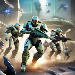 A high-energy action scene featuring characters and elements from the video game Halo 5