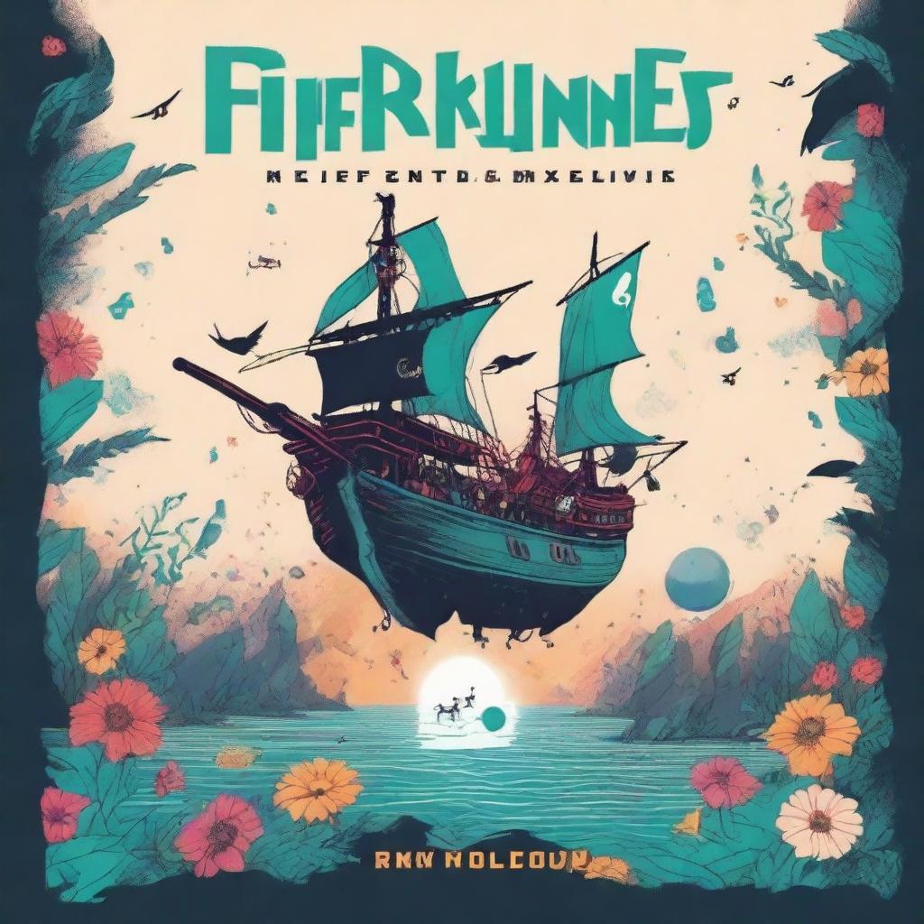 Create a minimalist comic book cover for a solarpunk style anime story titled "Riff Runners" in a bold font