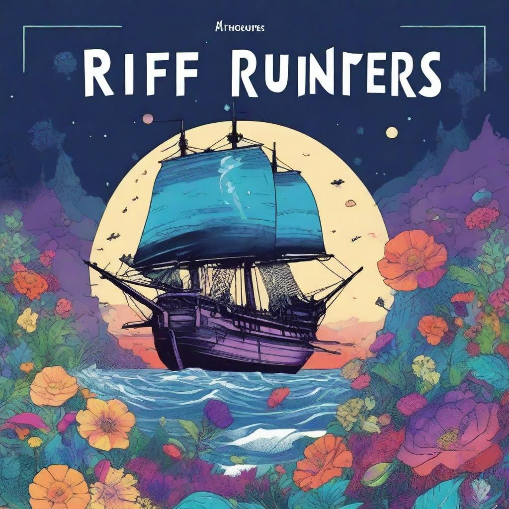 Create a minimalist comic book cover for a solarpunk style anime story titled "Riff Runners" in a bold font