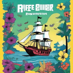 Create a minimalist comic book cover for a solarpunk musical pirate story titled "Riff Runners" in a bold font