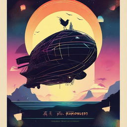 Create a minimalist movie poster for a solarpunk Kamigawa style anime movie titled 'Riff Runners'