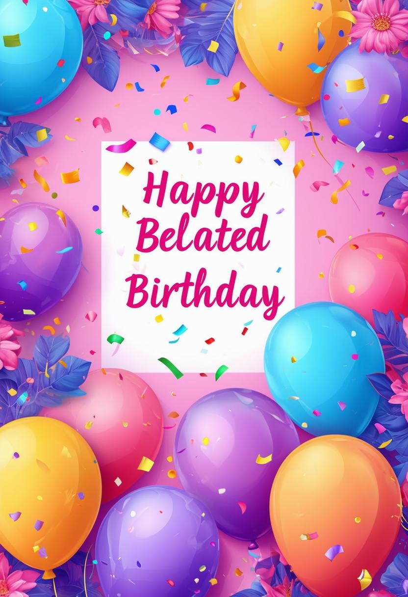 Design a beautiful book cover with the text 'Happy Belated Birthday' and a vibrant, celebratory background featuring elements like balloons, confetti, and flowers in bright and pastel colors