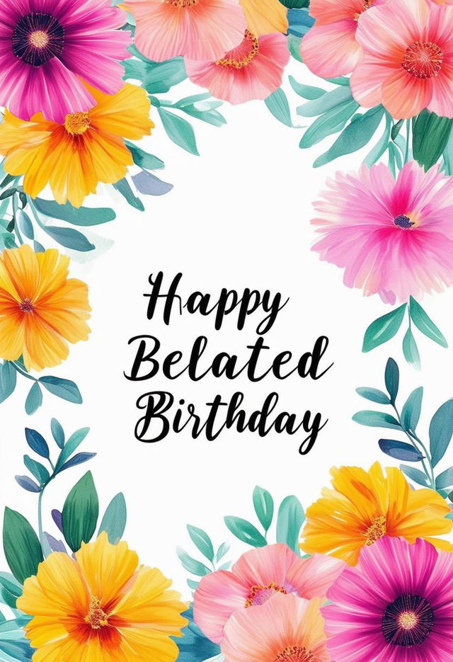 Create a beautiful book cover with the text 'Happy Belated Birthday' and an elegant flower background featuring vibrant blooms in bright and pastel colors