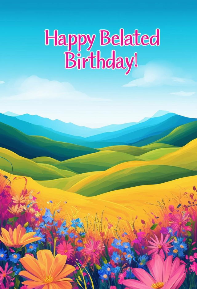 Design a beautiful book cover with neon text 'Happy Belated Birthday' and a serene valley background featuring lush meadows, rolling hills, blooming flowers, and a clear blue sky