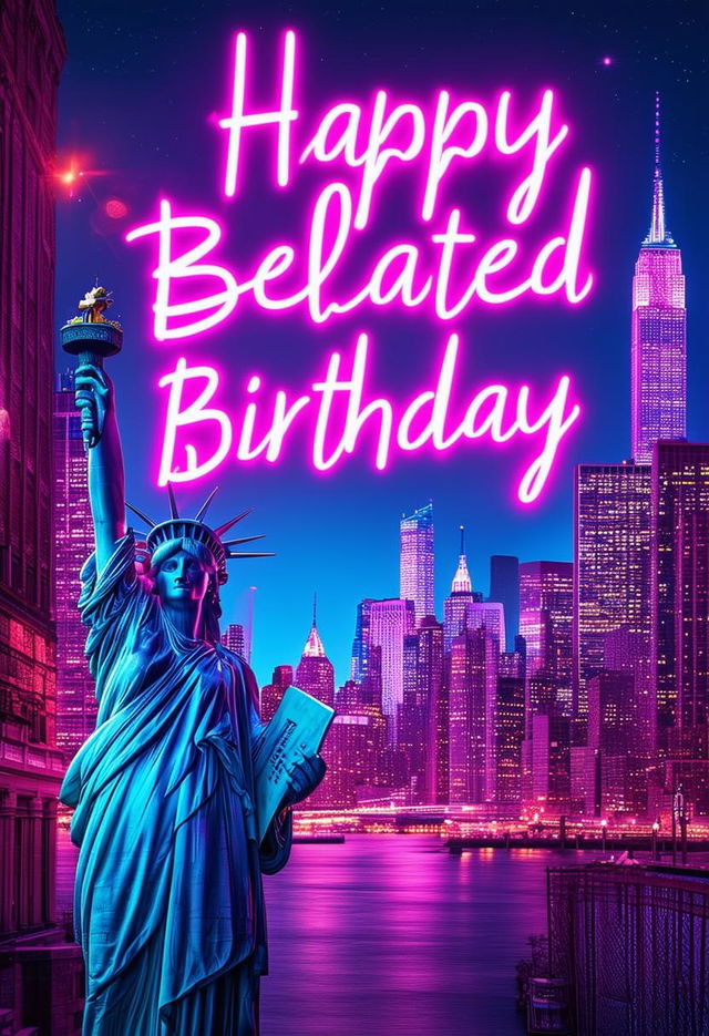 Design a beautiful book cover with neon text 'Happy Belated Birthday' and a vibrant New York City background featuring iconic elements like the skyline, skyscrapers, and the Statue of Liberty