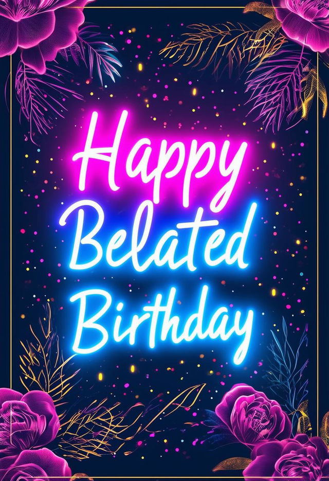 Design a beautiful book cover with neon text 'Happy Belated Birthday' and an elegant background featuring subtle patterns, delicate textures, or soft gradients