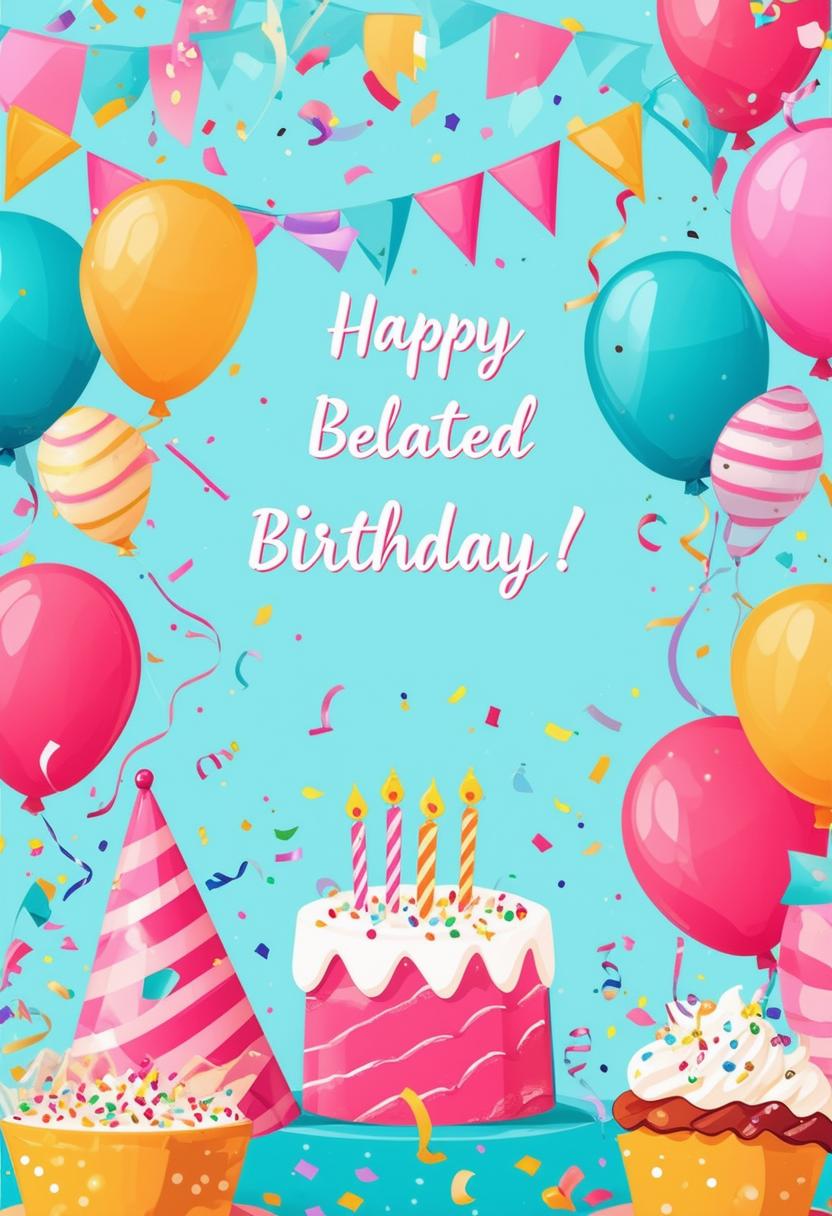 Design a beautiful book cover with the text 'Happy Belated Birthday' and a festive celebration background featuring balloons, confetti, streamers, party hats, and cakes in bright and pastel colors