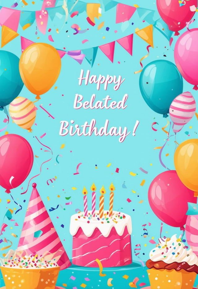 Design a beautiful book cover with the text 'Happy Belated Birthday' and a festive celebration background featuring balloons, confetti, streamers, party hats, and cakes in bright and pastel colors