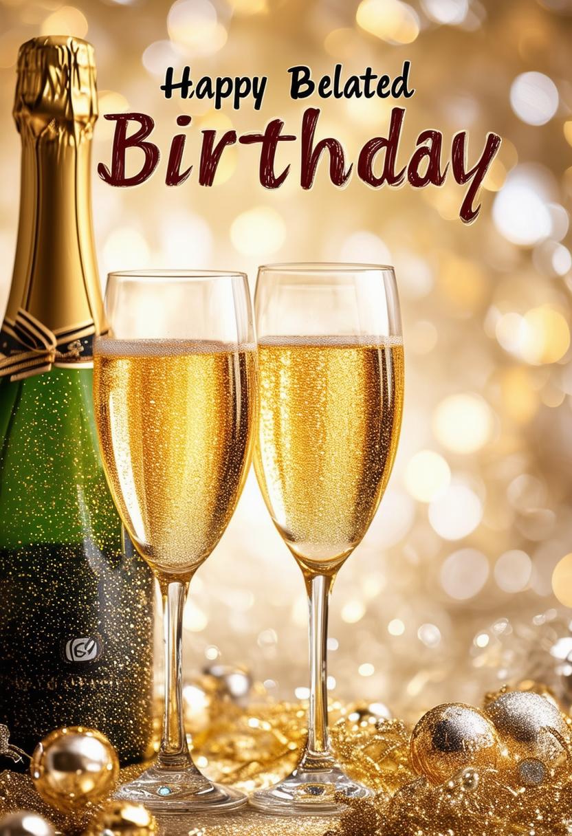 Design a beautiful book cover with the text 'Happy Belated Birthday' and a champagne-themed background featuring champagne bottles, glasses, bubbles, and a touch of sparkle in gold and silver tones