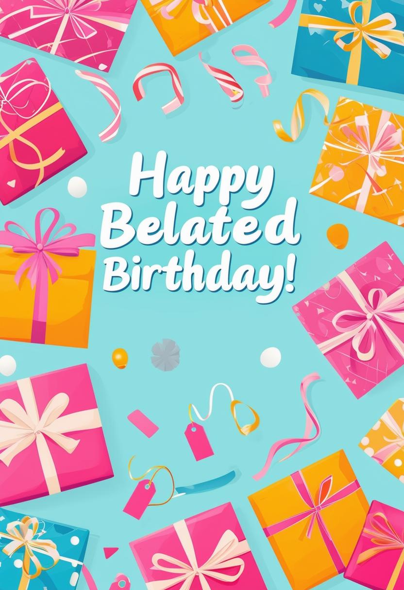 Design a beautiful book cover with the text 'Happy Belated Birthday' and a background filled with presents and gift boxes featuring wrapped gifts, ribbons, bows, and gift tags in bright and pastel colors