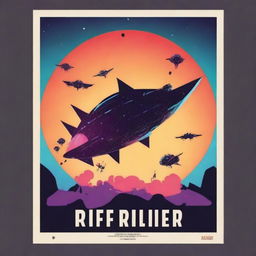 Design a minimalist movie poster for a solarpunk Kamigawa style anime movie titled 'Riff Runners'