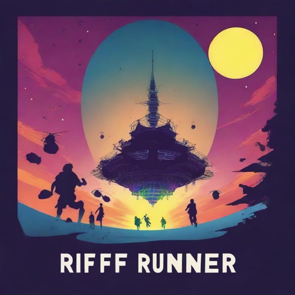 Design a minimalist movie poster for a solarpunk Kamigawa style anime movie titled 'Riff Runners'