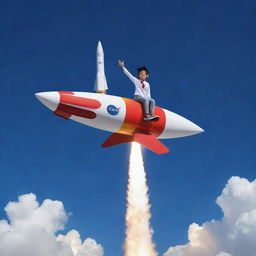 A youthful scholar perched atop a rocket resembling the new digital product, launching towards a celestial expanse filled with graduating caps and academic structures. The motto proclaims: 'Fueled by Credila, My Dreams Take Flight!'