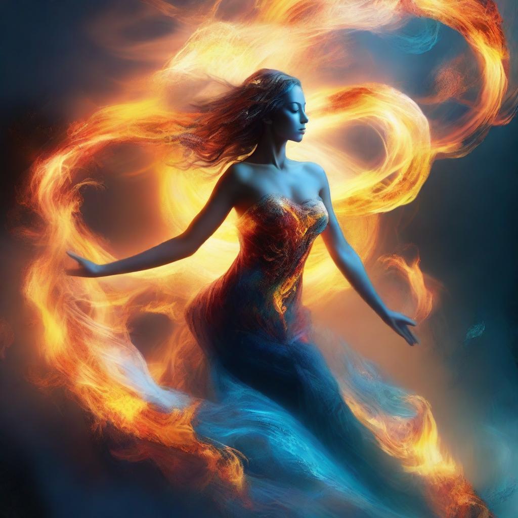 A captivating image of an elemental being, showcasing the raw power of nature with swirling elements of fire, water, earth, and air