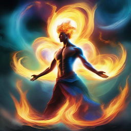 A captivating image of an elemental being, showcasing the raw power of nature with swirling elements of fire, water, earth, and air