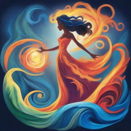 A captivating image of an elemental being in the style of Disney, showcasing the raw power of nature with swirling elements of fire, water, earth, and air