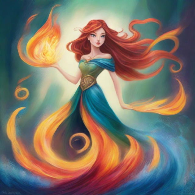 A captivating image of an elemental being in the style of Disney, showcasing the raw power of nature with swirling elements of fire, water, earth, and air