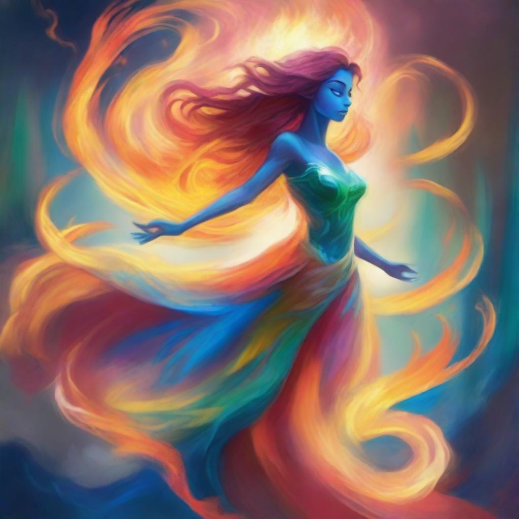 A captivating image of an elemental being in the style of Disney, showcasing the raw power of nature with swirling elements of fire, water, earth, and air