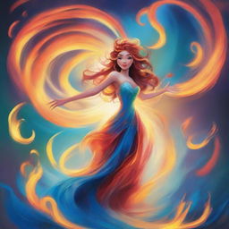 A captivating image of an elemental being in the style of Disney, showcasing the raw power of nature with swirling elements of fire, water, earth, and air