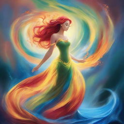 A captivating image of an elemental being in the style of Disney, showcasing the raw power of nature with swirling elements of fire, water, earth, and air