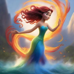 A captivating image of an elemental being in the style of Pixar, showcasing the raw power of nature with swirling elements of fire, water, earth, and air