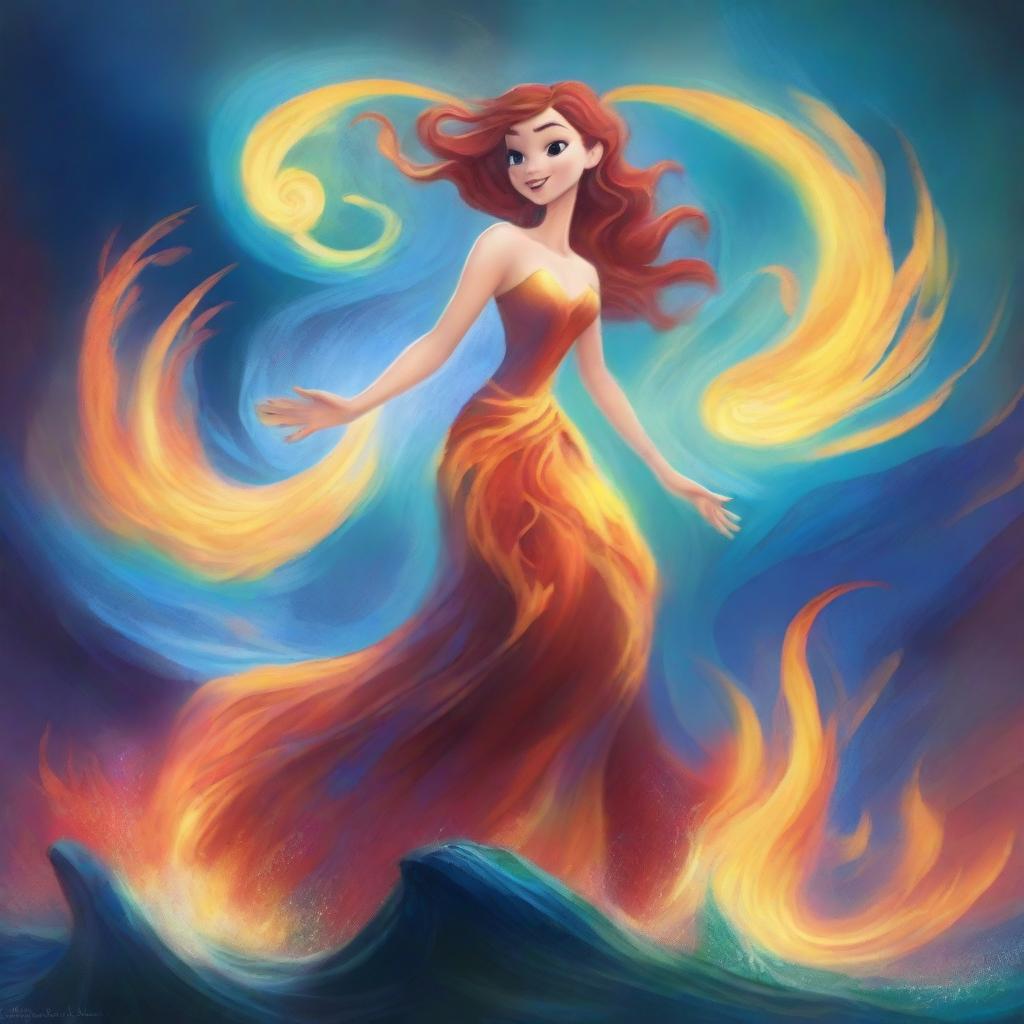 A captivating image of an elemental being in the style of Pixar, showcasing the raw power of nature with swirling elements of fire, water, earth, and air