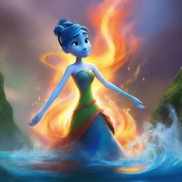 A captivating image of an elemental being in the style of Pixar, showcasing the raw power of nature with swirling elements of fire, water, earth, and air