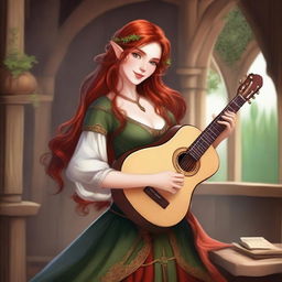 A flirty red-headed female half-elven bard with long hair and green eyes, playing a lute