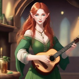 A flirty red-headed female half-elven bard with long hair and green eyes, playing a lute