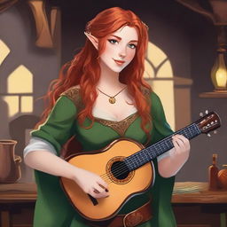 A flirty red-headed female half-elven bard with long hair and green eyes, playing a lute