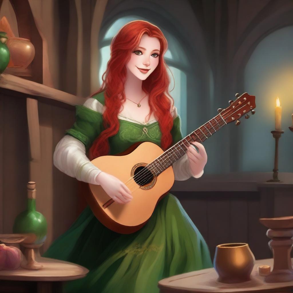 A flirty red-headed female half-elven bard with long hair and green eyes, playing a lute