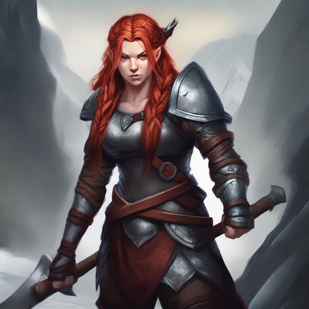 A fierce red-headed female berserker dwarf with long, braided hair, carrying dual-wielding axes