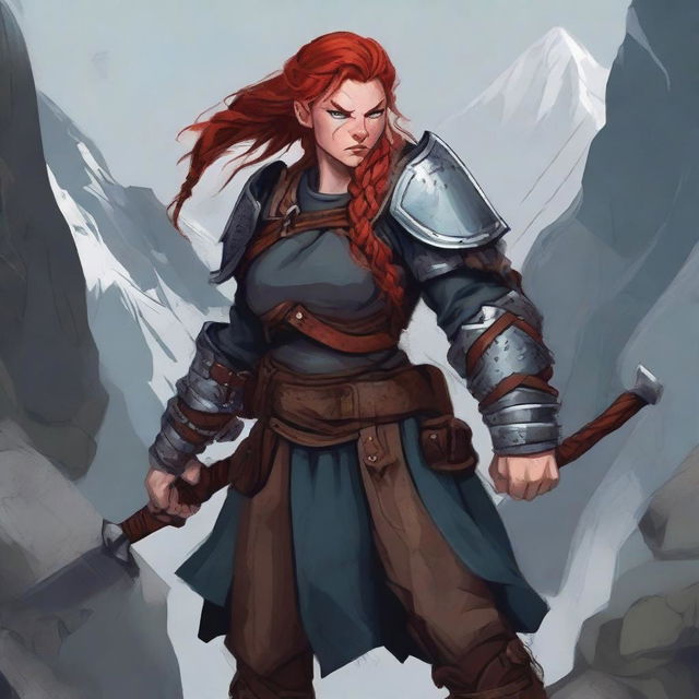 A fierce red-headed female berserker dwarf with long, braided hair, carrying dual-wielding axes