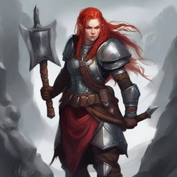 A fierce red-headed female berserker dwarf with long, braided hair, carrying dual-wielding axes