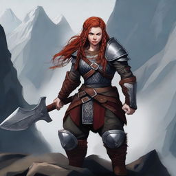 A fierce red-headed female berserker dwarf with long, braided hair, carrying dual-wielding axes