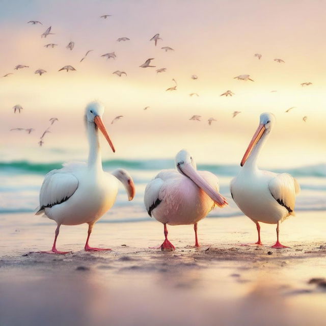 A group of crabs and a pelican dancing on the beach at sunrise