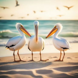 A group of crabs and a pelican dancing on the beach at sunrise