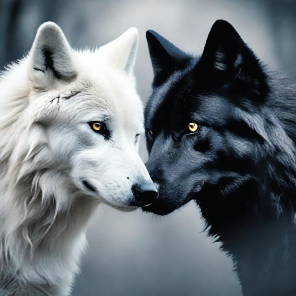 A book cover featuring a fierce black wolf and a delicate white wolf facing each other intensely