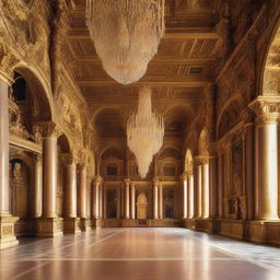 A large vaulted elaborate detailed castle ballroom with large columns and a tall gold throne at the end of the room