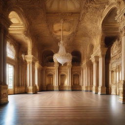 A large vaulted elaborate detailed castle ballroom with large columns and a tall gold throne at the end of the room