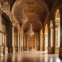 A large vaulted elaborate detailed castle ballroom with large columns and a tall gold throne at the end of the room