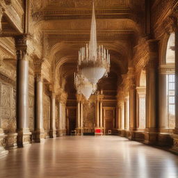 A large vaulted elaborate detailed castle ballroom with large columns and a tall gold throne at the end of the room