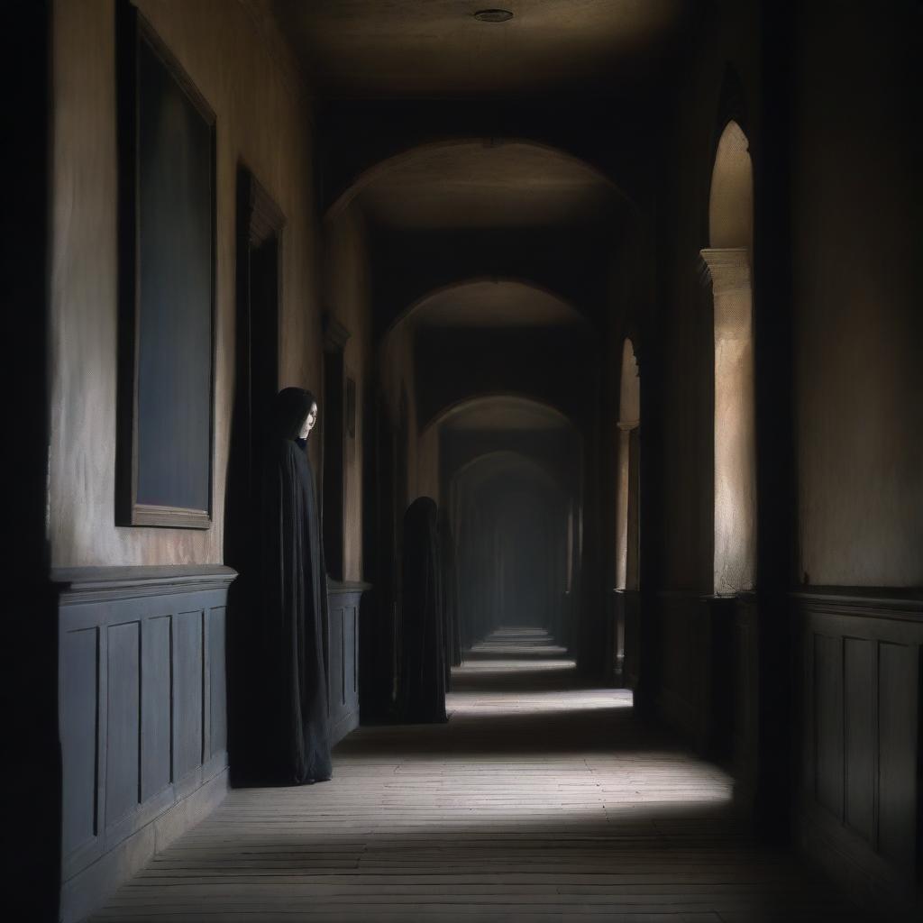 A long dark castle corridor with wall-to-wall large ghostly portraits that seem to come alive