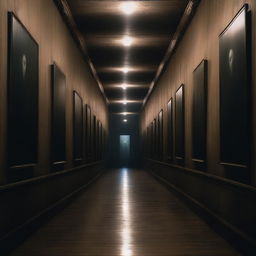 A long dark castle corridor with wall-to-wall large ghostly portraits that seem to come alive