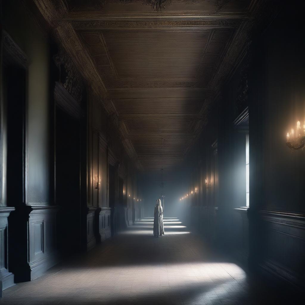 A long dark castle corridor with wall-to-wall large ceiling-to-floor elaborate ghostly portraits that seem to come alive