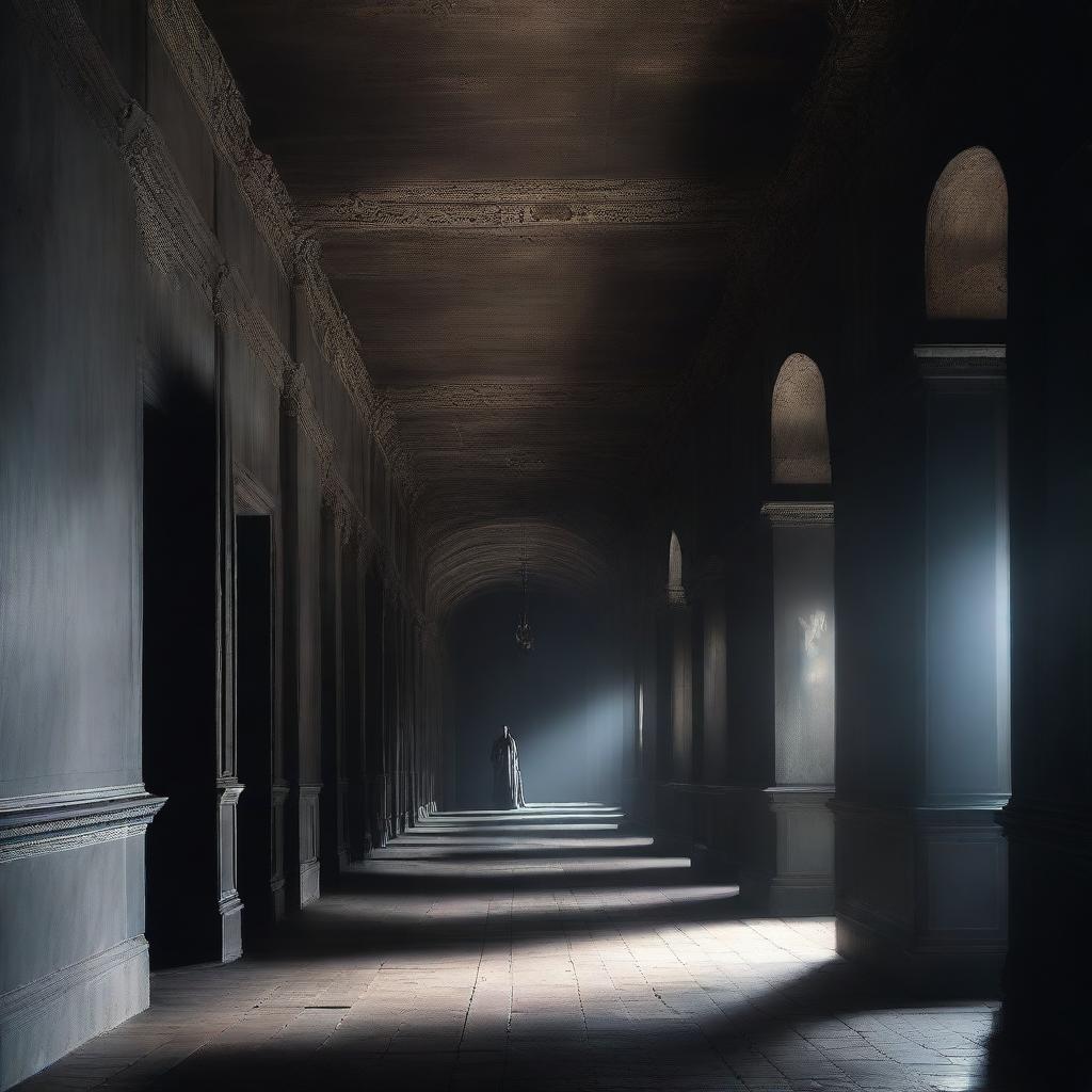 A long dark castle corridor with wall-to-wall large ceiling-to-floor elaborate ghostly portraits that seem to come alive