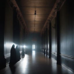 A long dark castle corridor with wall-to-wall large ceiling-to-floor elaborate ghostly portraits that seem to come alive